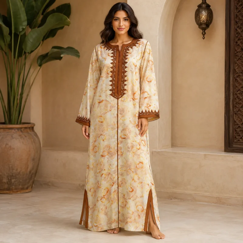 قفطان عاجي بنقوش ذهبية وتطريز نحاسي